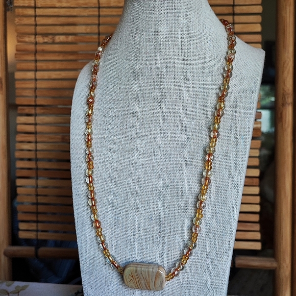 Round Beaded Seed Bead Honey Color Variegated Ceramic Stone Necklace - Picture 3 of 10